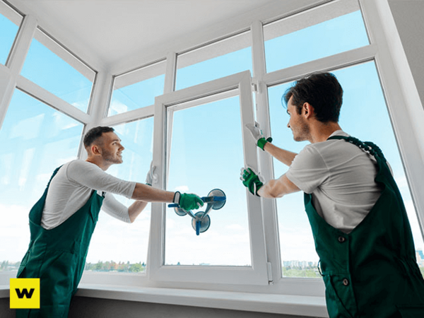 Zwei Handwerker tauschen ein Fenster aus, professionelle Fenstermontage im Einsatz.