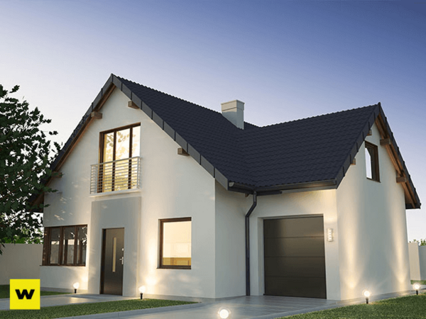 Modernes Einfamilienhaus mit Satteldach, Garage und großer Fensterfront bei Abenddämmerung.